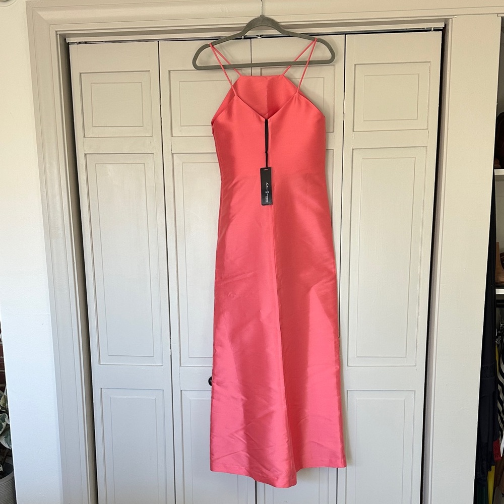 Satin Coral Slip Maxi Dress with Spaghetti Straps - Picture 3 of 10